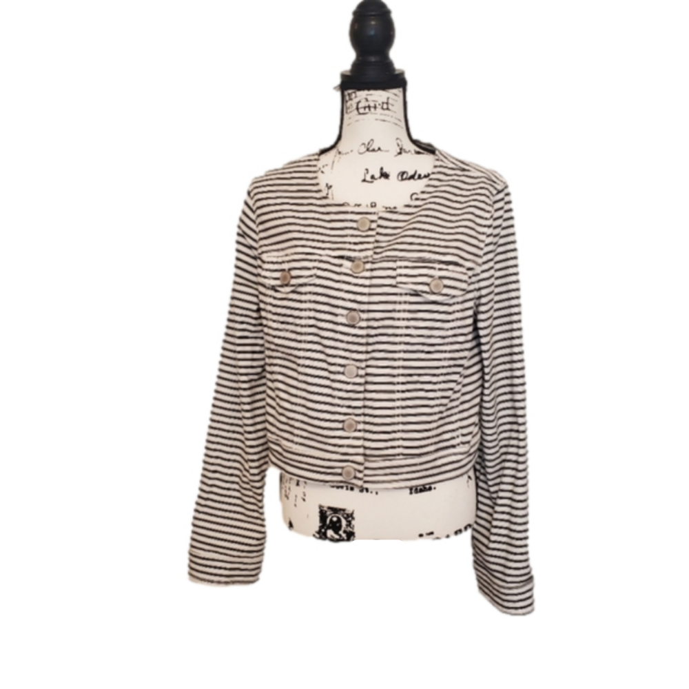 Gibson Latimer | Black & White Stripe Collarless Jean Denim - Size: Large